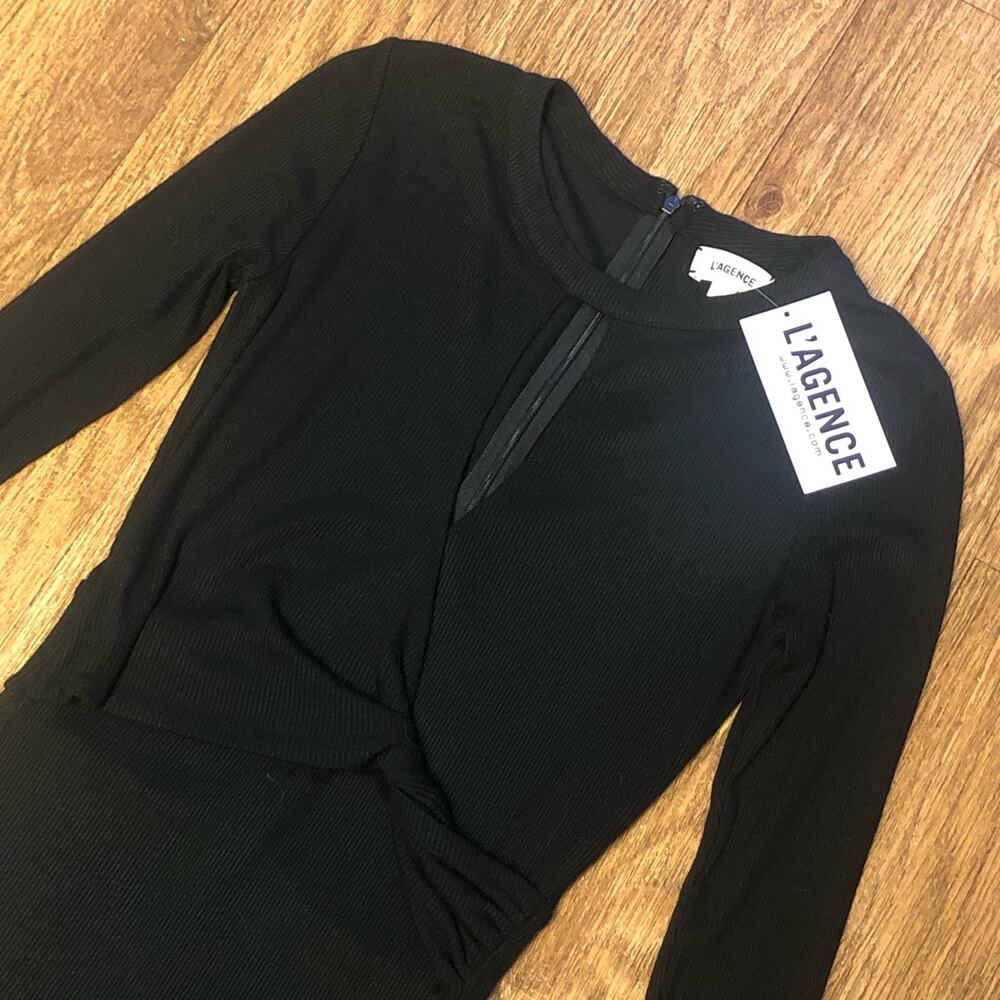 L’Agence Black Knit Ribbed Keyhole Knee Length Midi Dress Size Small